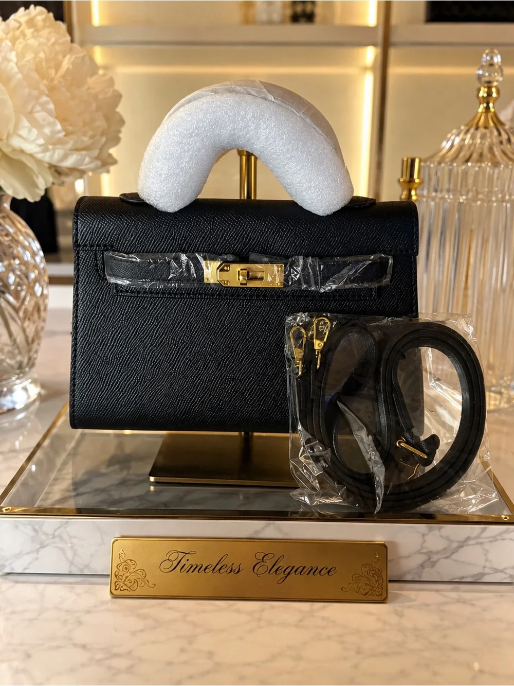 Classic Black Top-Handle Leather mini bag with Gold Hardware- designer inspired
